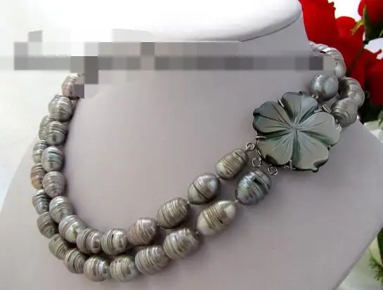 

3312 2strands rice baroque gray FW pearl necklace shell clasp