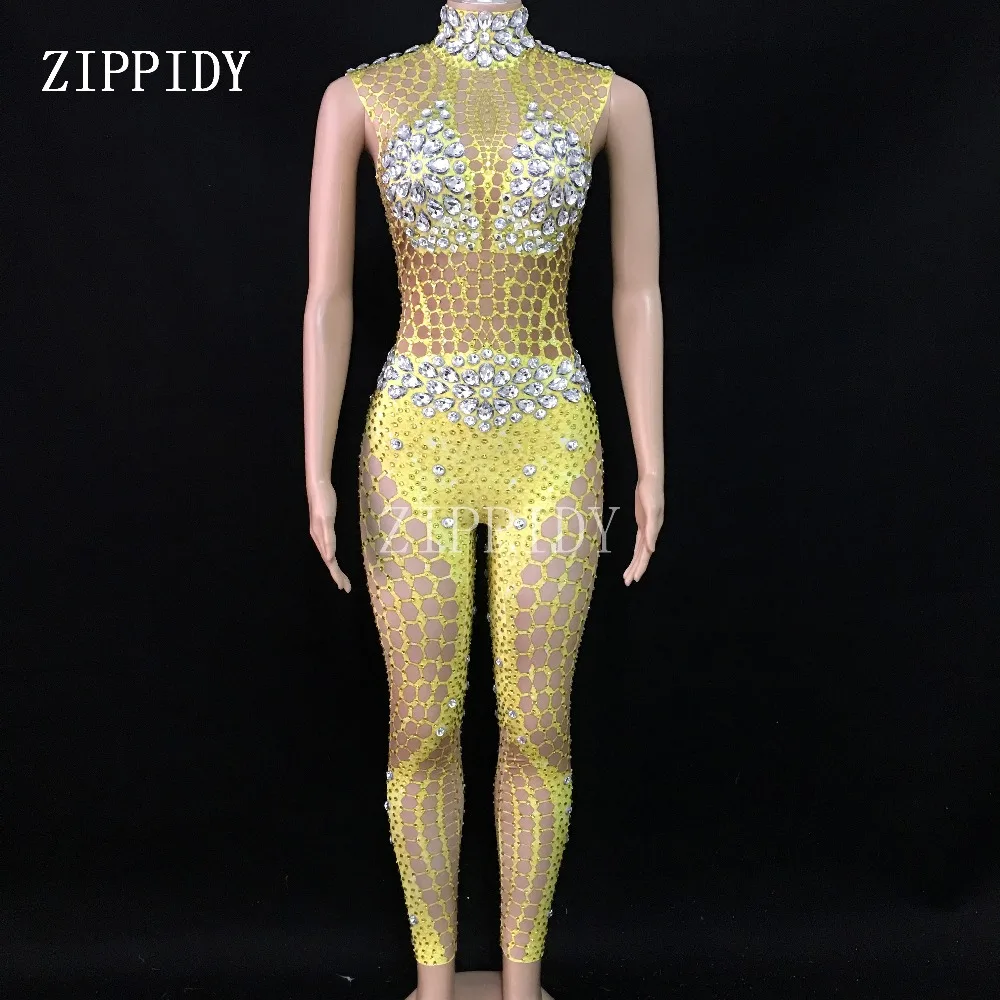 

Sexy Gold Sparkly Stones Bodysuit Women Birthday Celebrate Jumpsuit Singer Dancer Performance Fashion Stretch Leggings Outfit