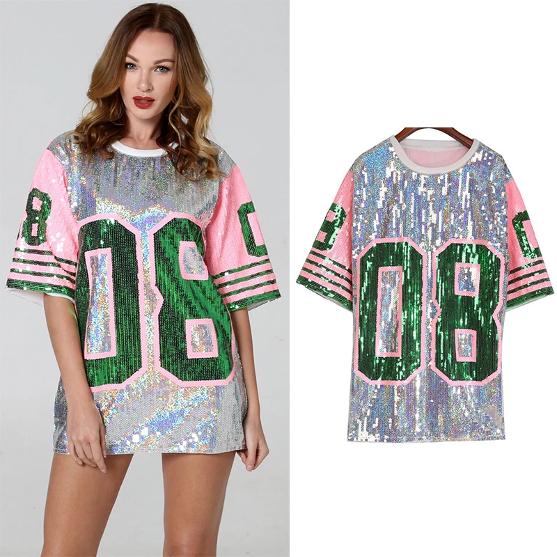 

7Mang 2019 Summer Streetwear Letter Sequins T Shirt Women Short Sleeve Pink Party Glitter Loose Dance Stage Harajuku Tshirt 0408