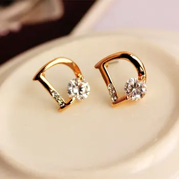 

50 pair gold Earring jewelry new Cubic Zircon D Design Stud Earrings for women girls Wholesale Free shipping