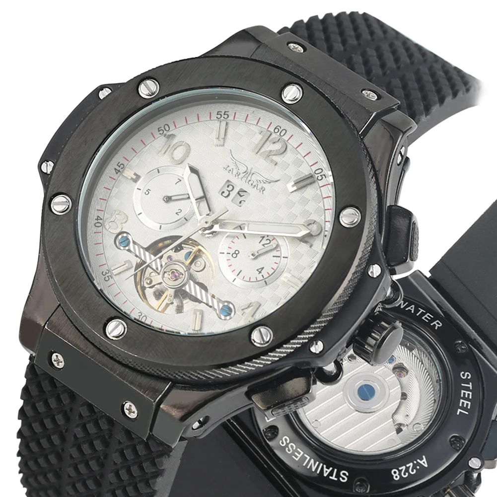 

JARAGAR Brand Automatic Self Winding Waterproof Silicone Watch Strap Mechanical Sport Clock Male Gifts Reloj Hombre 2019
