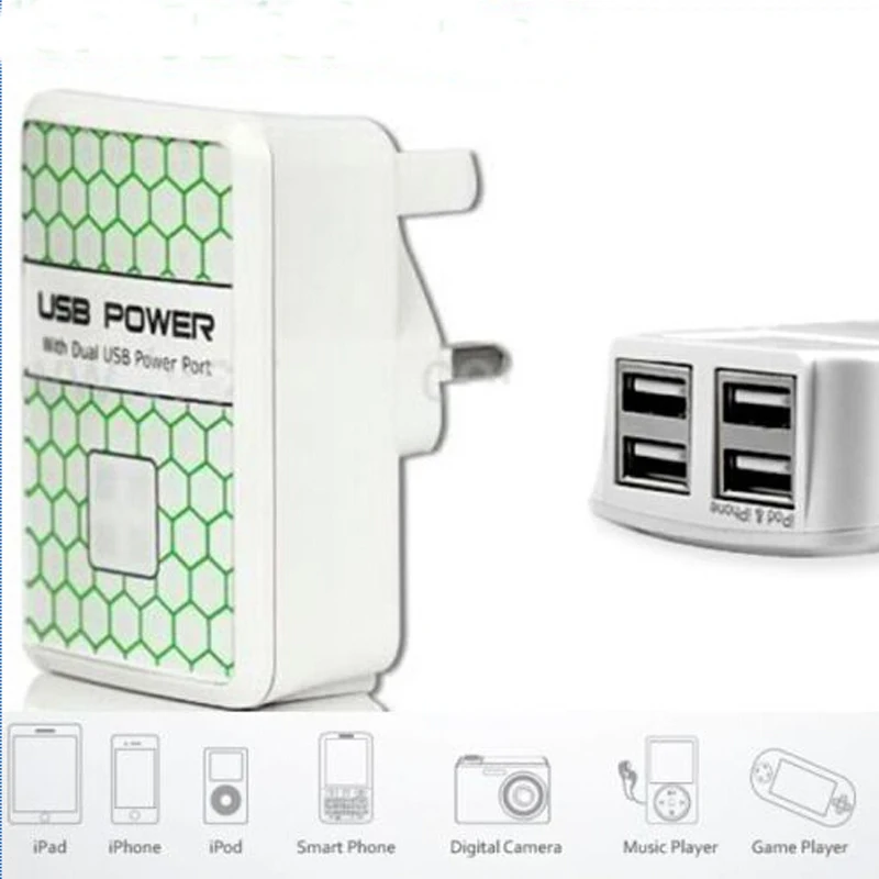 

UK Plug Mains Wall Charger 3 Pin Plug Adaptor with 4 USB Ports for Phones and Tablets