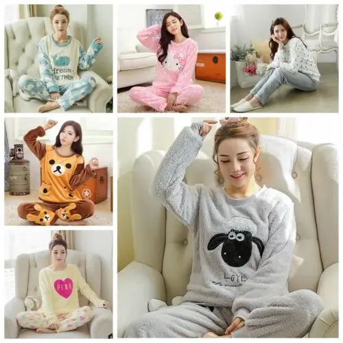 

Women Warm Flannel Pajamas Set Cute Soft Autumn Winter Sleep Cloth Fall Gift New V10