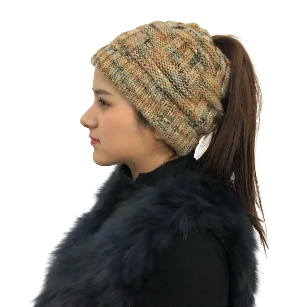 Fashion Ponytail Beanie Women Winter Hats Crochet Knitted Bamboo Ski Cap Skullies Beanies Warm Caps Female Stylish Hat Ladies - Цвет: colorful khkai