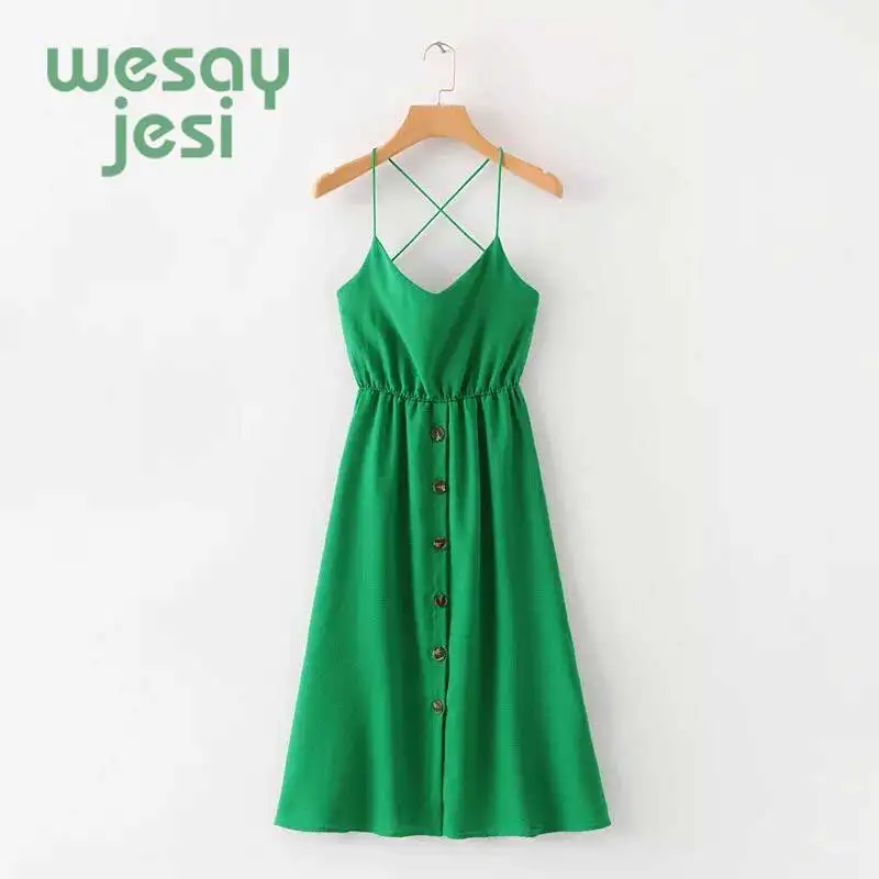 

Women Green Midi Summer Dress 2019 new summer Spaghetti Strap Backless Bandage sexy dress