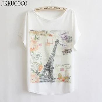

JKKUCOCO Eiffel Tower print t-shirt Women T shirt Short Sleeve Cotton t shirt Thin Big size women Casual T-shirts Summer tees