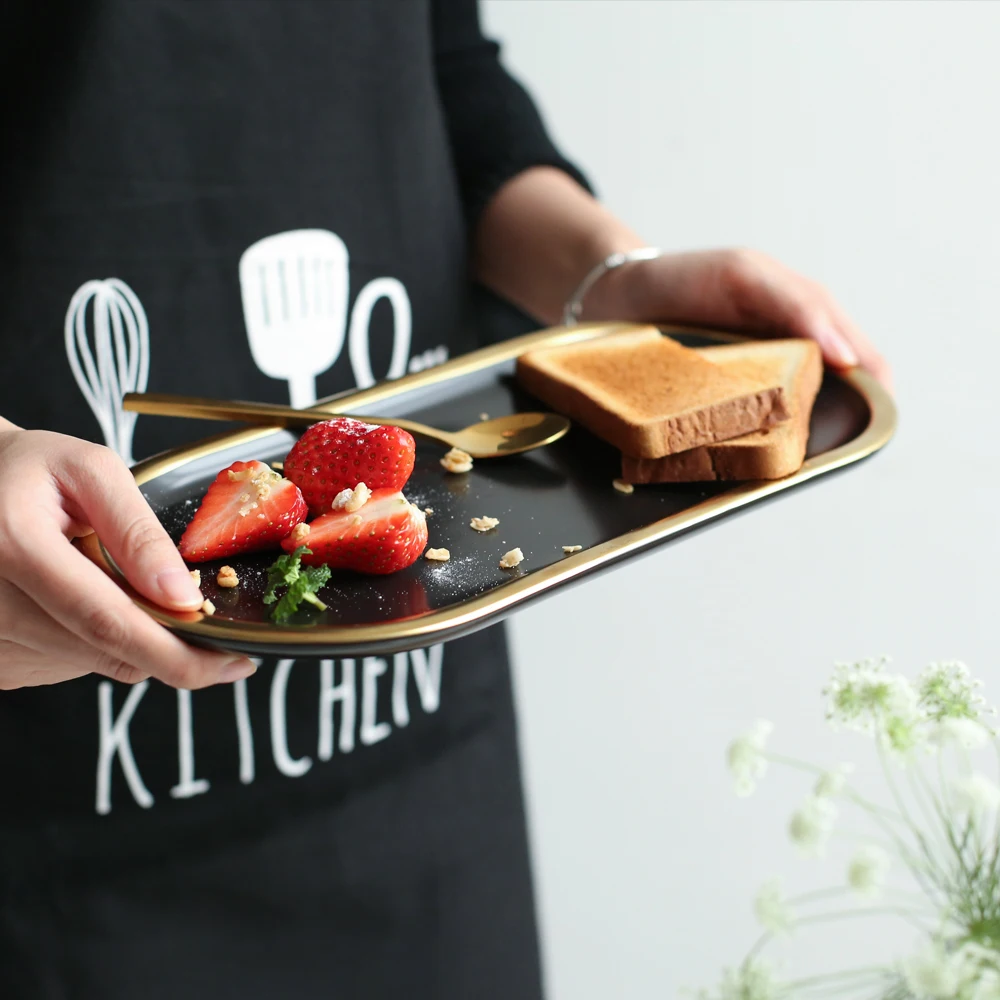 Gold Plating Ceramic Marble Storage Tray Black White Europe Food Fruit Breakfast Oval Plate Jewelry Tray Dessert Dish Decoration