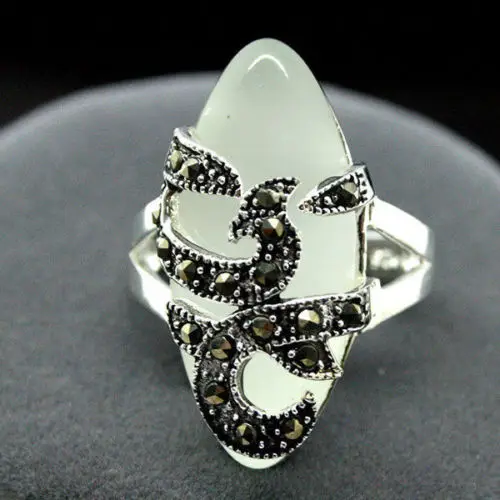 

NEW real Natural 11mmX26mm White Opal Inlay Marcasite 925 Sterling Silver stone Band Ring Size 7/8/9/10# wedding jewelry rings