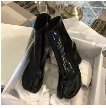 Picture as Botines 2019 Cuir Femme Pour De Verni Courtes Bottes Luxe Tabi Mujer Carré As Talon Picture Bottines En Pluie Noir Haut Épais Bout BSgBnr