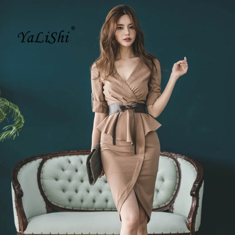 YaLiShi 2022 Autumn Women Dress Office 3/4 Sleeve V-Neck Khaki Dresses Slim Ruffles Bandage Bodycon Dress Sexy Vestidos De Festa