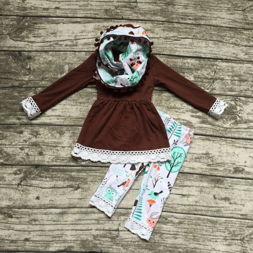 2016 new FALL Winter scarf set children suit baby owl fox animal girls 3pieces brown long