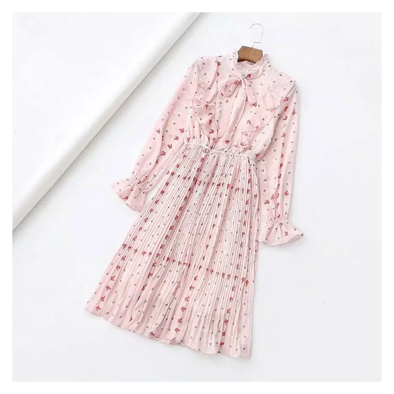 

Korean women's clothing summer new bow tie printed ruffled trumpet sleeve pleated dress