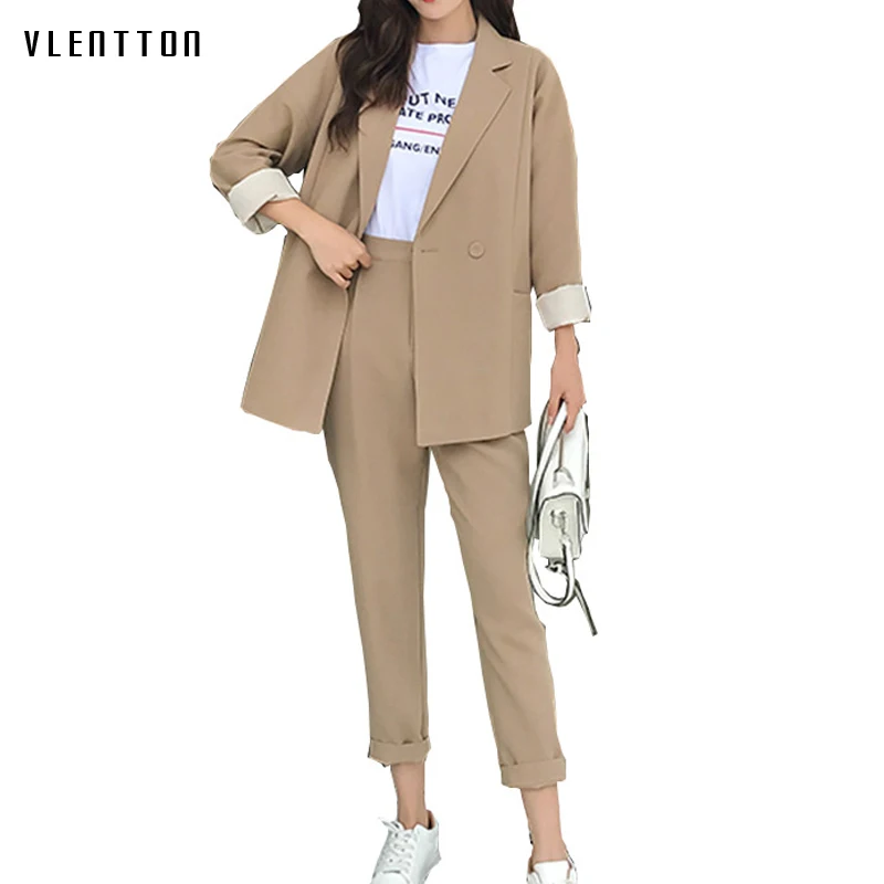Высокое качество офисный женский длинный комплект из двух предметов двубортный женский костюм весна осень Повседневный Блейзер пиджак и брюки - Цвет: Camel