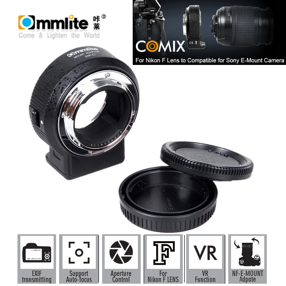

Commlite ENF-E1 Electric Lens Mount Adapter Ring AF Auto Focus VR Adjustable Exposure for Nikon F-Mount Lens Sony E-Mount Camera
