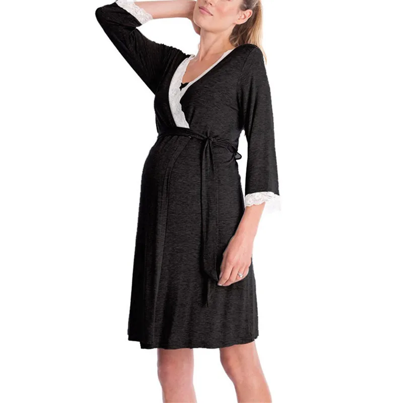  Fashion Lace Patchwork Maternity Set Pajamas and Robe Three quarter Sleeves Dresses with Belt Pregnant Women's Nursing Clothes
