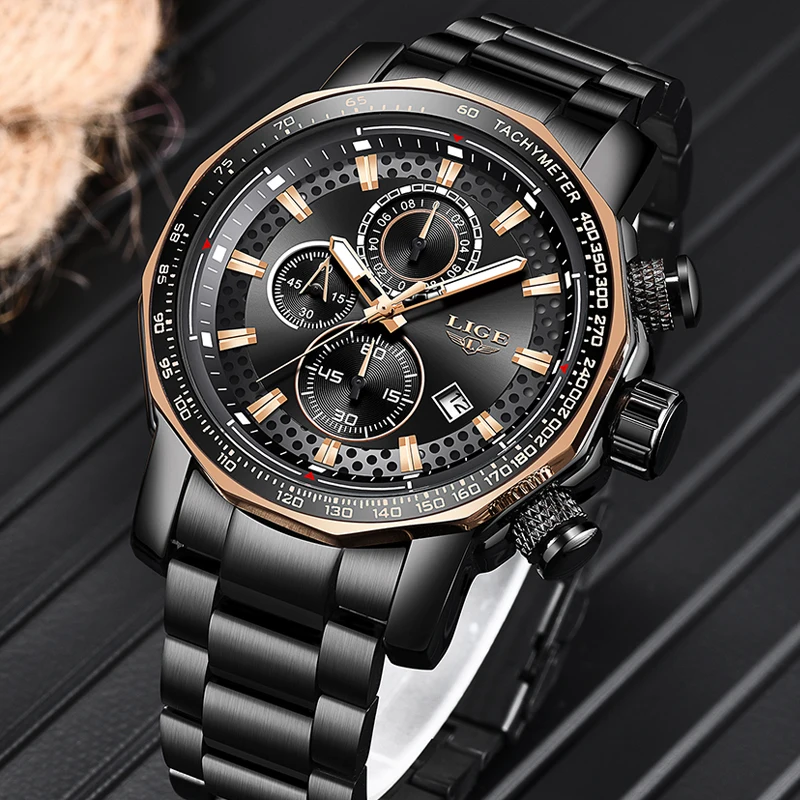 

2019 LIGE fashion bright black stainless steel men's analog quartz watch men's business chronograph waterproof casual watch men