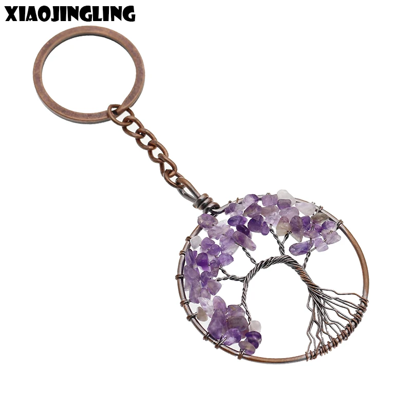 

XIAOJINGLING Fashion Jewellery For Women Men Key Chain Life Tree Quartz Natural Stone Keychain Purple Retro Pendant Keyring Gift