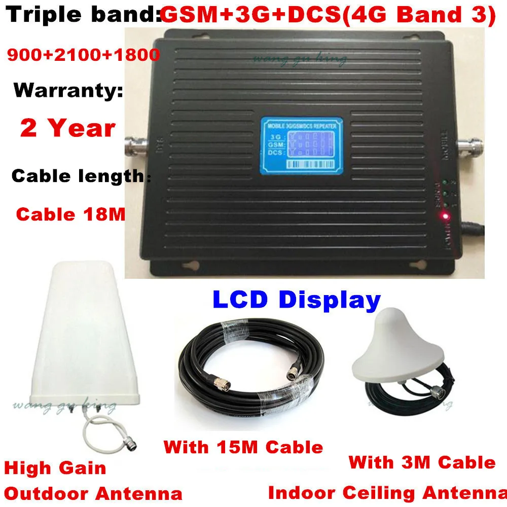 

2G 3G 4G GSM 900 3G 2100 LTE 4G 1800 Tri Band Mobile Phone Signal Repeater Signal Booster Amplifier 4G LTE Antenna + 18M Cable