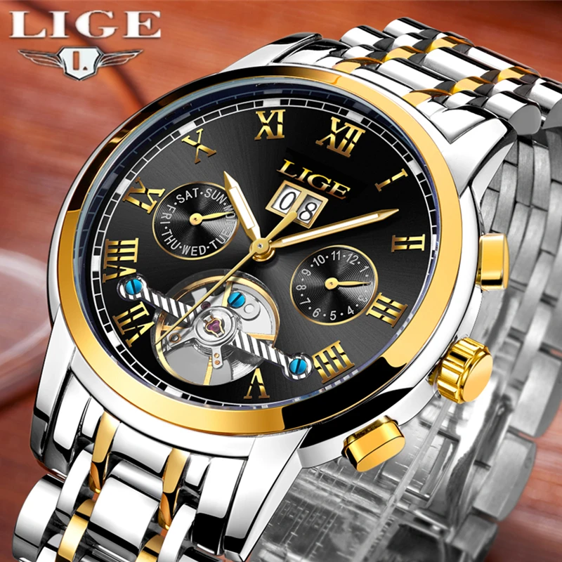 جديدة فاخرة ماركة ييج التلقائي الميكانيكية ووتش الرجال الأزياء الذهب كاملة صدأ ساعات عمل الرياضة للماء relogio masculino