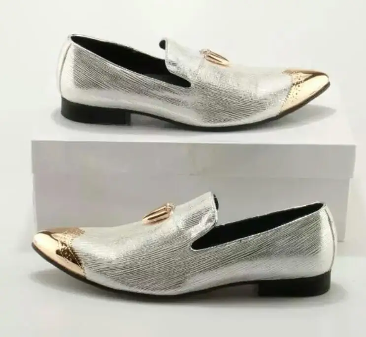 Golden Metal Toe Fashion PU Leather Silvery White Men Dress Shoes
