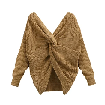 

Hot Selling Women Casual V-neck Back Twisted Sweater Women Pullovers Casual Tops Long Sleeve Knitted Sweaters -B5