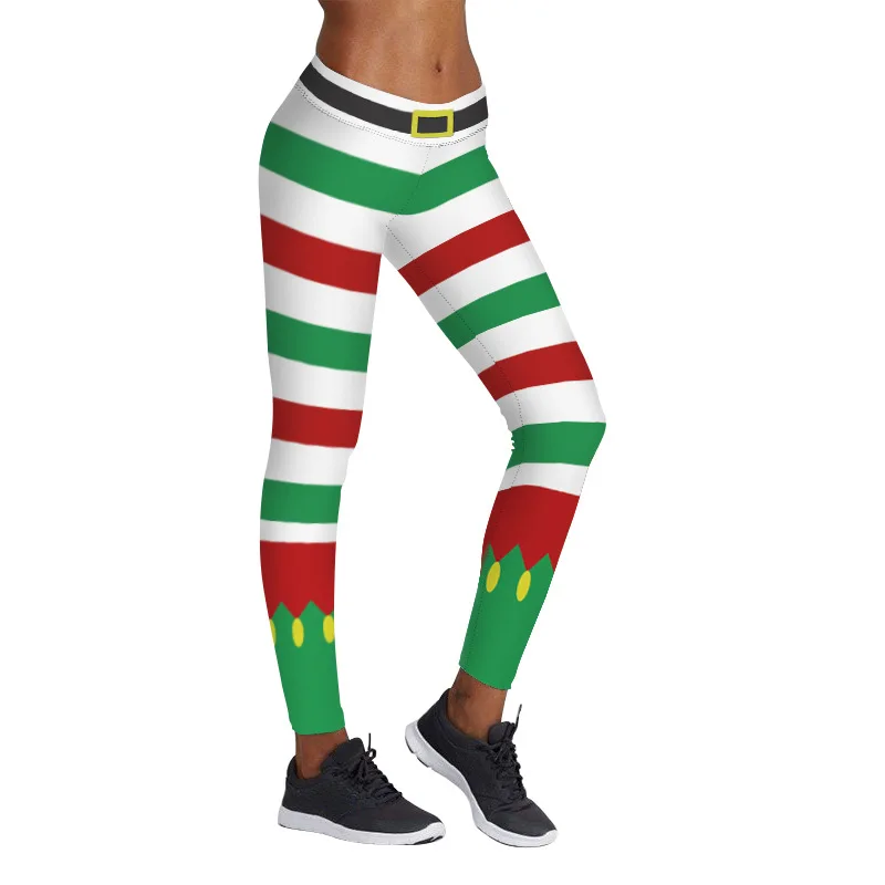 Fashion Christmas Holiday Leggings Striped 3D Printed Pants Women Funny