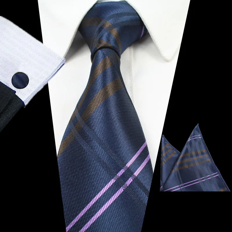 Men Tie Set Silk Jacquard Woven Plaid Ties Handkerchief Cufflinks Set Striped Wedding Necktie RBOCOTT Classic 8cm