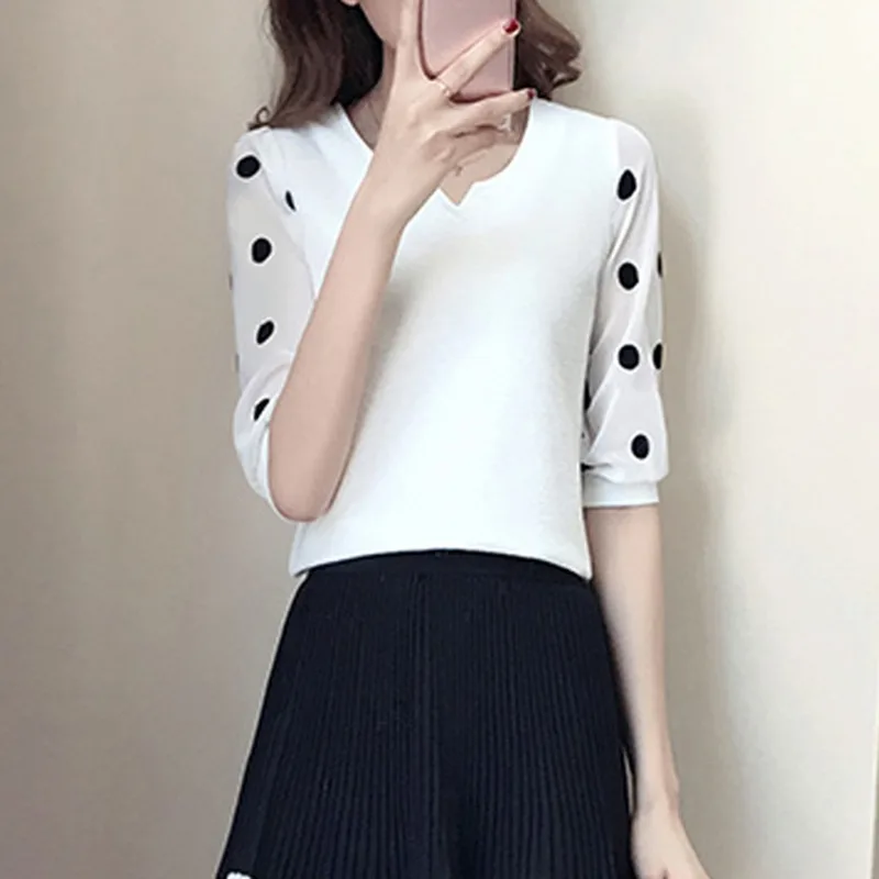 Blusas mujer de moda шифоновая рубашка в горошек с v образным вырезом кружевной пуловер