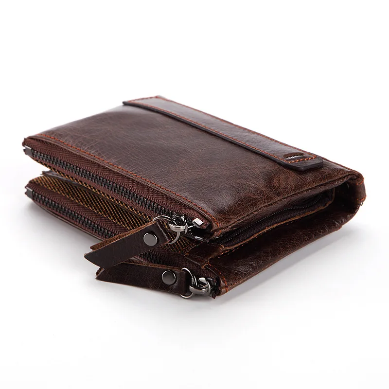 Men's wallet leather short coin coin purse oil wax leather double zipper purse first layer leather wallet fashion brand 341