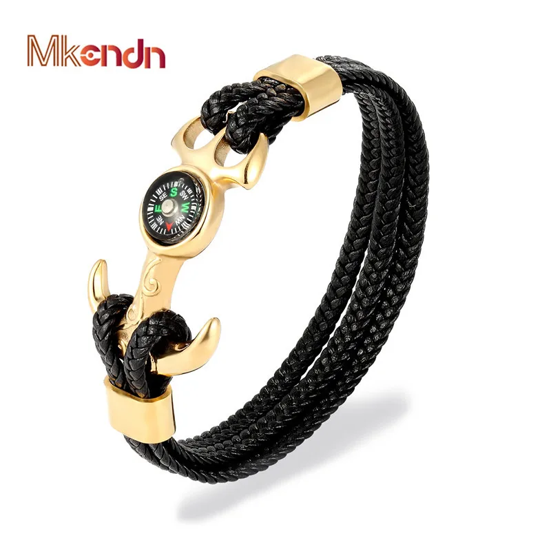 

MKENDN High Quality Stainless Steel compass Anchor Shackles Braid Leather Bracelet Men Wristband Survival Sport Fashion Jewelry