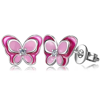 

Trendy Funny Animal Ear Accessories Women 925 Sterling Silver Elegant Butterfly Shape Stud Earrings with Crystal
