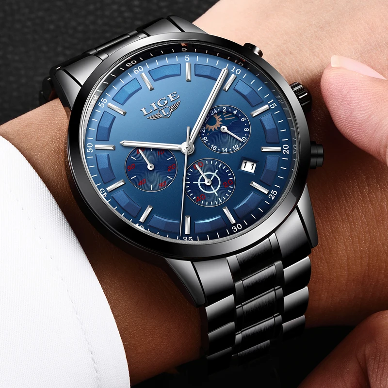 Mens Watches Moon Phase 2018 LIGE Chronograph Top Brand Luxury Fashion Mens Steel Military Waterproof Sport Quartz Watch relogio