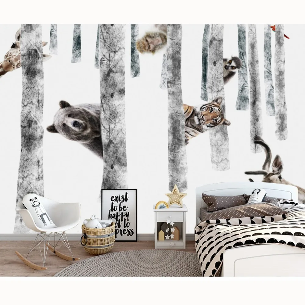 Us 15 49 49 Off Modern Cartoon Wall Paper Tree Animal Photo Wallpaper Children S Room Mural Kids Papier Peint Self Adhesive Vinyl Silk Wallpaper In