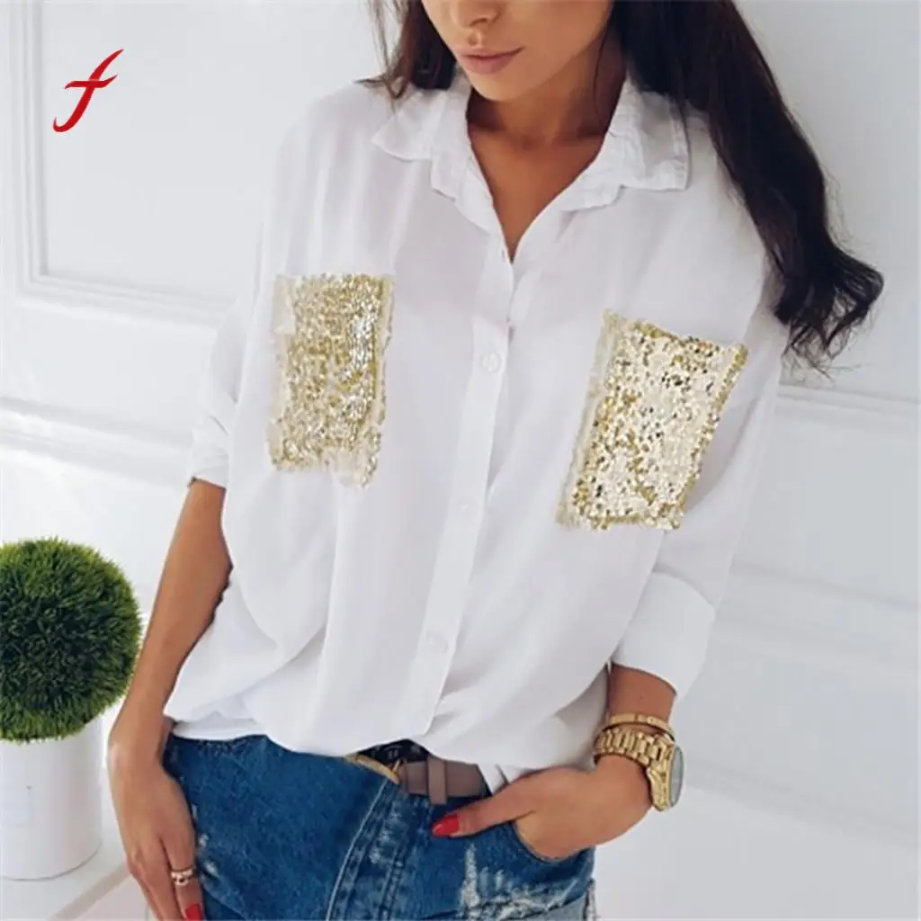 feitong High Quality T Shirt Womens Casual Solid Long Sleeve Sequin Sleeves Turn-down Neck Women's Clothing T-shirt Tops Shirt