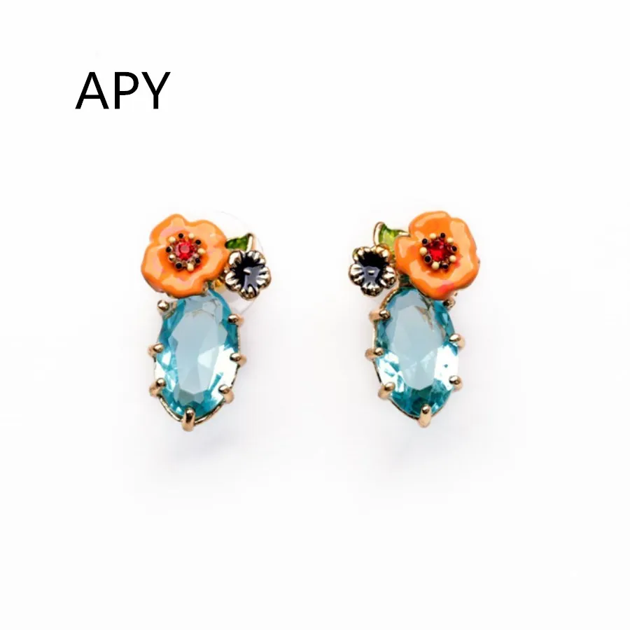APY Accessories Blue Geometry Gem Flower Stud Earring Shiny Elegant Gold Color Alloy Resin