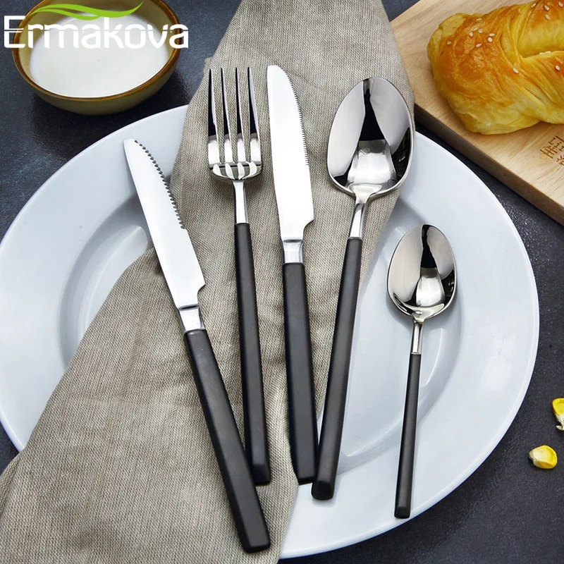 ERMAKOVA 3 or 5 Pieces Stainless Steel Flatware Set Black Handle Heavy