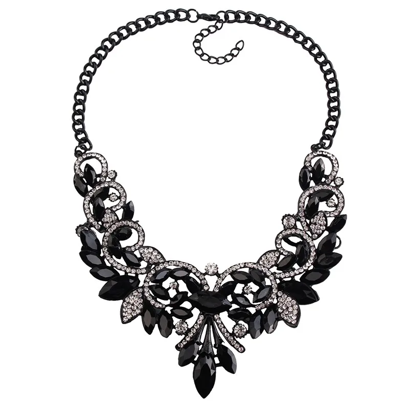 Лучшая Женская мода, роскошные черные кристаллы, цветок, драгоценный камень, винтажный Шарм, подвеска, Массивное колье, женское колье, ожерелье 3199