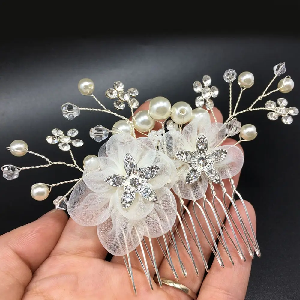 Luxury Bridal Hair Accessories Wedding Hair Comb Silver-Tone Rhinestone Artificial Flower Hair Comb Wedding Headpiece