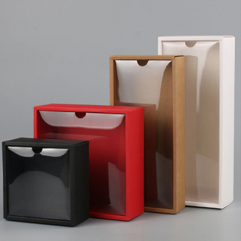 10pcs Clear PVC Lid Red/White/Black/Kraft Paper Box Handmade Soap Candy chocolate biscuit boxes for wedding party gift wrap