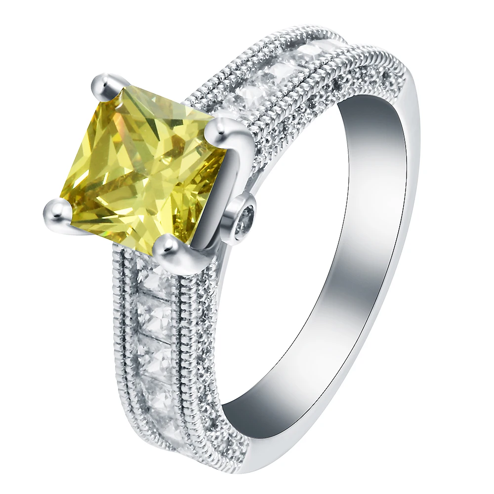 Engagement Yellow Stone Rings For Women Silver Plated Wedding Ring