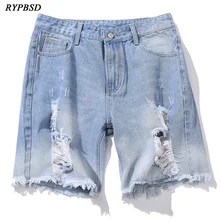 Рваные рваные мужские джинсовые шорты новые мужские джинсовые шорты с дырками синие мужские хип-хоп модные повседневные мужские рваные джинсы шорты