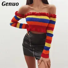 Genuo Women Thick Knitted Color Block Striped Sweater Autumn Winter Crop Top Pullovers Female Jumper Pull Femme Sueter Mujer color block striped jumper