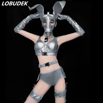 

Female Bar Club Party Show Cosplay Costume Silver Bikini Mask Set Sexy Nightclub DJ Singer Stage Outfit Role Performance Clothes