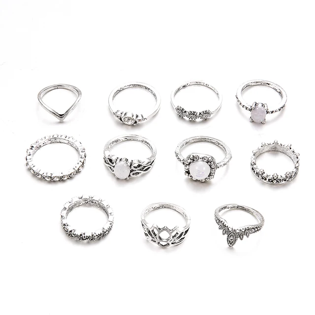 11 PCS/Set Vintage Knuckle Opal Rings for Women Boho Geometric Flower Crystal Ring Set Bohemian Midi Finger Jewelry Bague Femme