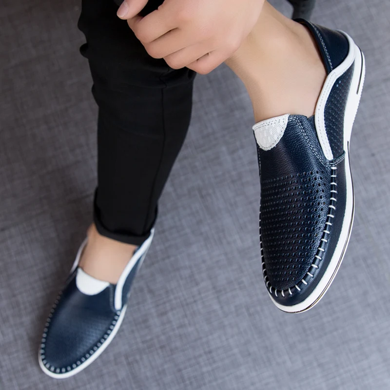 Летняя повседневная обувь на плоской подошве; мужские лоферы из натуральной кожи; Мужская дышащая мужская обувь высокого качества; сетчатая обувь; цвет белый, синий; размеры 38-44