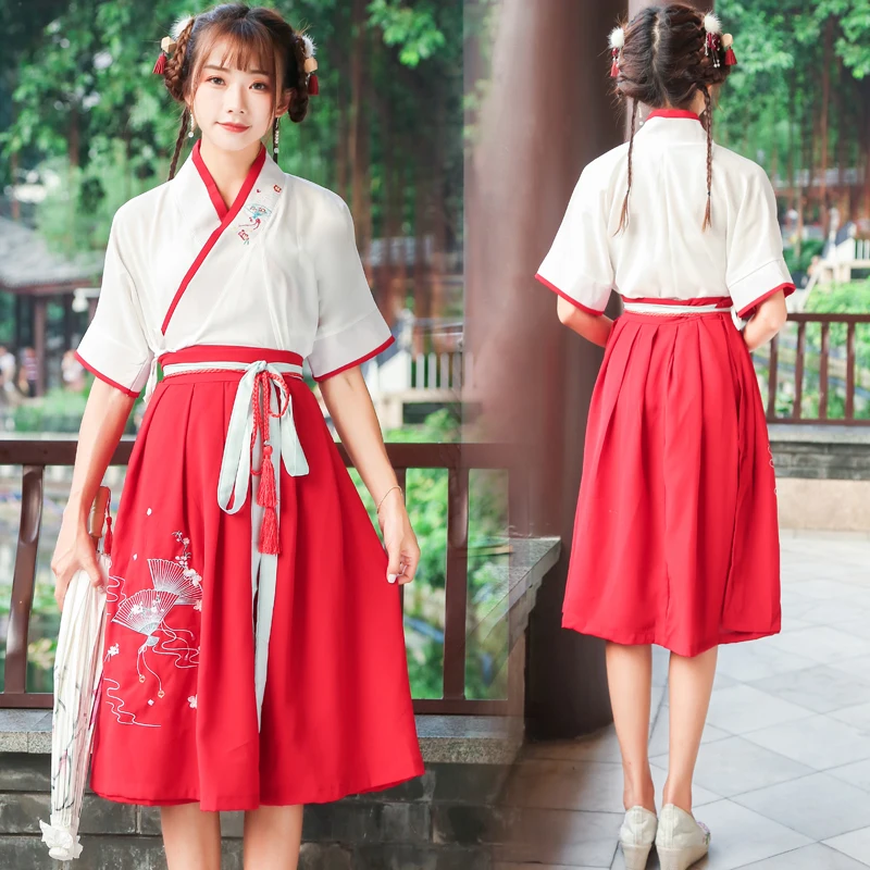 

Qing Dynasty Hanfu Costume Traditional Chinese Ancient Folk Dress Tang Dynasty Fairy Skirt Performance Red Clothes Tops + Skirt