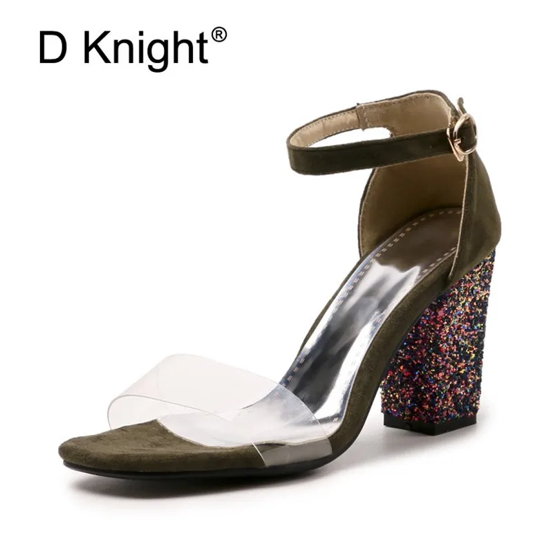 Big Size 52 Women Open Toe Strappy Ankle Strap Yellow Black Sandals Bling Transparent Clear Block Thick High Heel Sequined Shoes (21)