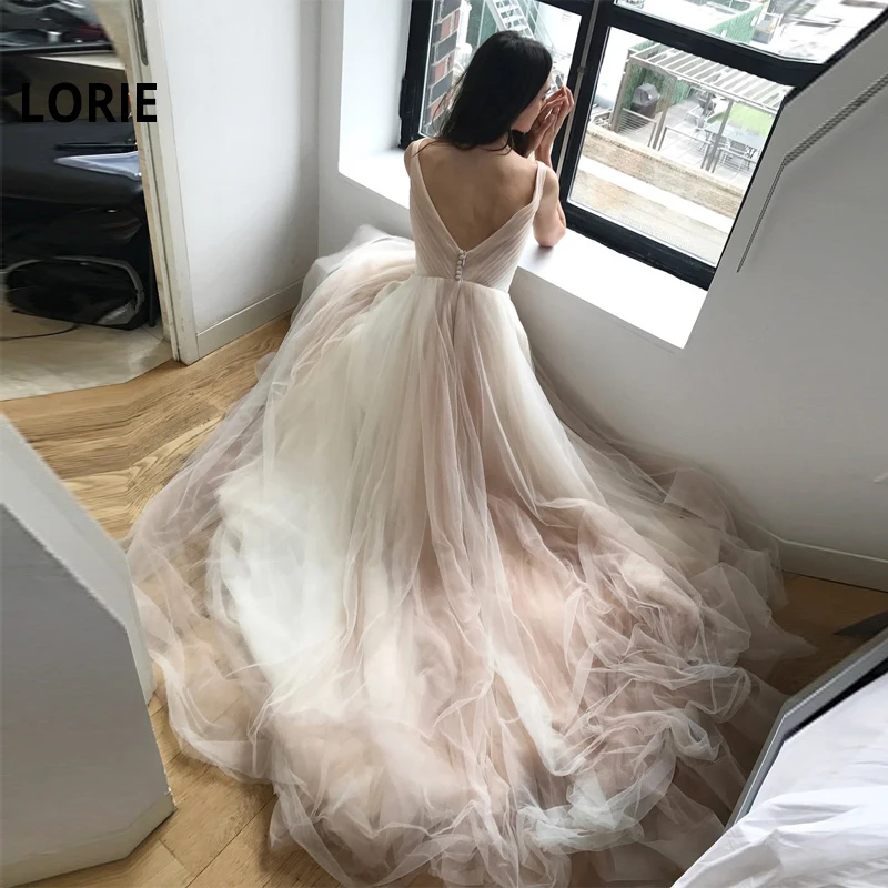 LORIE New Long Train A-Line Wedding Gowns V-neck Sleeveless Tulle Bride Dresses Simple Beach Wedding Guest Dresses Custom