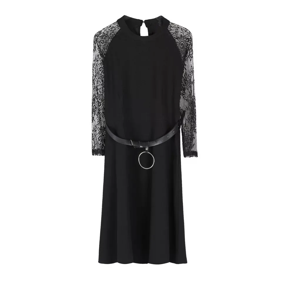 Женское платье с кружевной отделкой черное круглым вырезом новинка весны|dress plus