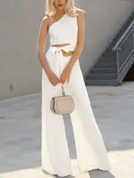 

2019 Womens Sexy One Shoulder High Waist Casual Wide Leg Solid Color Fashion Jumpsuit Long Pants Female Summer S-XXLClothing